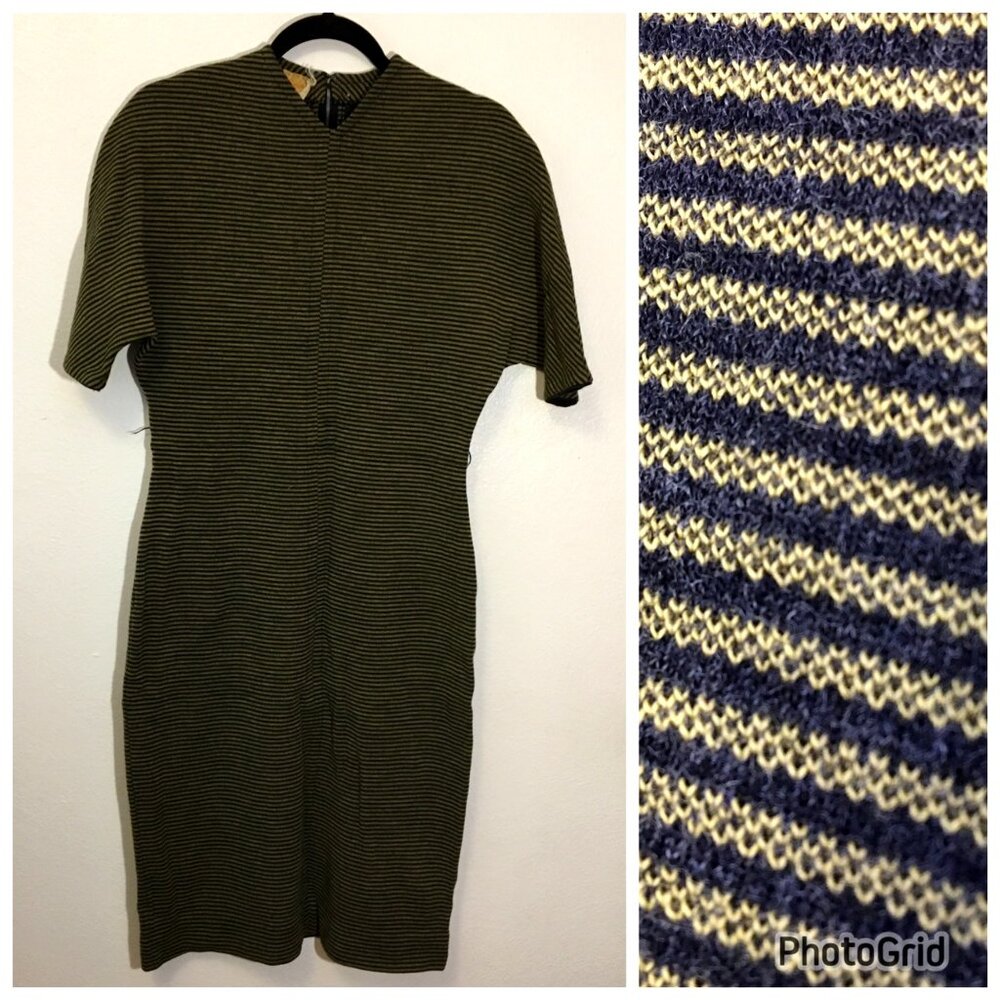 Vintage 60s Wool Striped Day Dress Wiggle Space Age Hourglass Sheath Volup (T9)